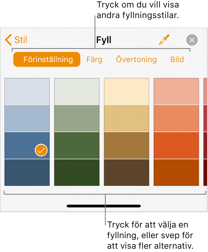 Fyllningsalternativ på fliken Stil för formatknappen.