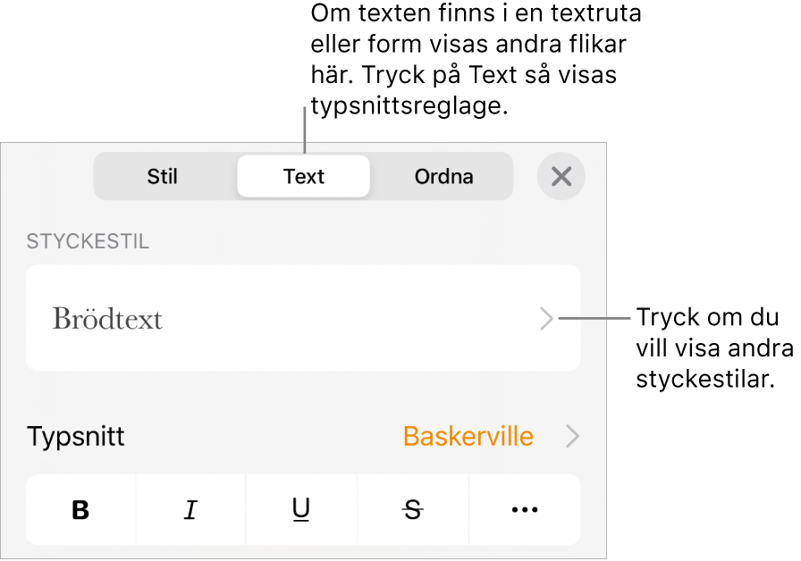 Menyn Format med textreglage för att ställa in stycke- och teckenstilar, typsnitt, storlek och färg.