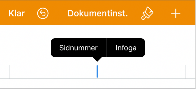 Dokumentinställningsfönstret med insättningspunkten i ett sidhuvudsfält och en popupmeny med två objekt: Sidnummer och Infoga.