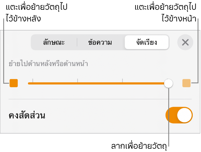 ปุ่มย้ายถอยหลัง ปุ่มย้ายไปข้างหน้า และแถบเลื่อนเลเยอร์