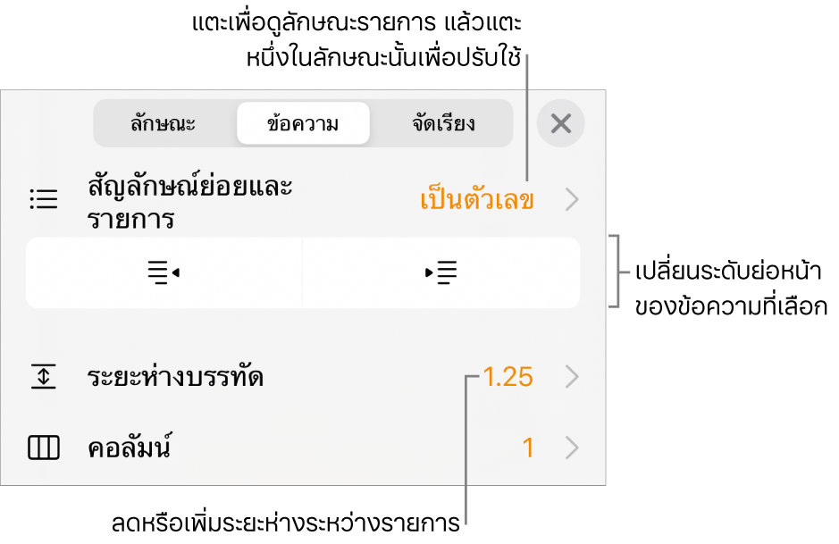 ตัวควบคุมรูปแบบที่มีคำอธิบายเมนูสัญลักษณ์ย่อยและรายการ ปุ่มการเยื้อง และตัวควบคุมระยะห่างบรรทัด