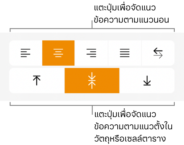 ปุ่มการจัดแนวแนวนอนและแนวตั้งสำหรับข้อความ