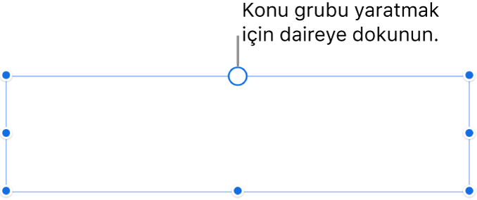 Üstünde beyaz bir daire, köşelerinde, kenarlarında ve altında büyüklük değiştirme tutamakları olan boş bir metin kutusu.