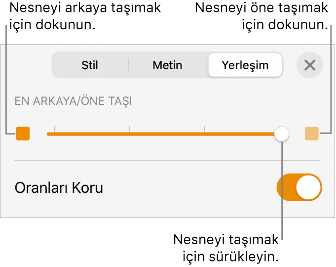 Geri Taşıma düğmesi, İleri Taşıma düğmesi ve katmanlama sürgüsü.