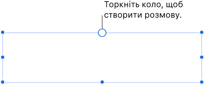 Пусте текстове поле з білим колом угорі й маніпуляторами розміру в кутах, на межах і внизу.