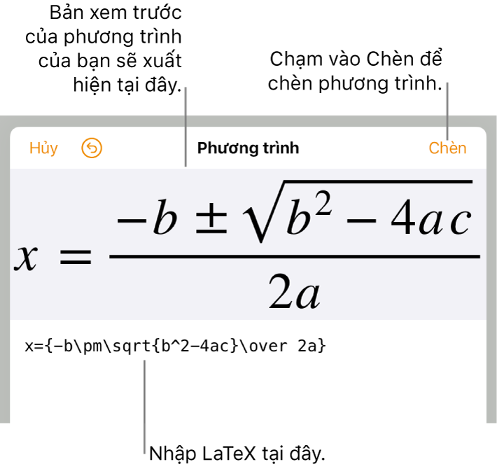 Công thức bậc hai được viết bằng LaTeX trong trường Phương trình và bản xem trước của công thức bên dưới.