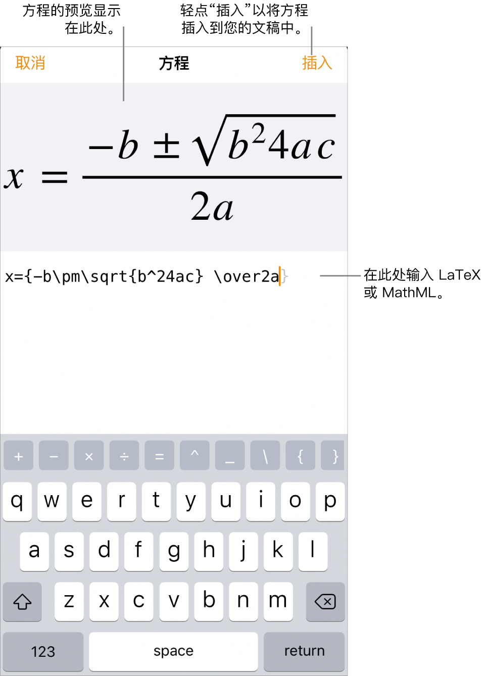 “方程”对话框，显示使用 LaTeX 命令所写的二次公式，且上方显示公式的预览。
