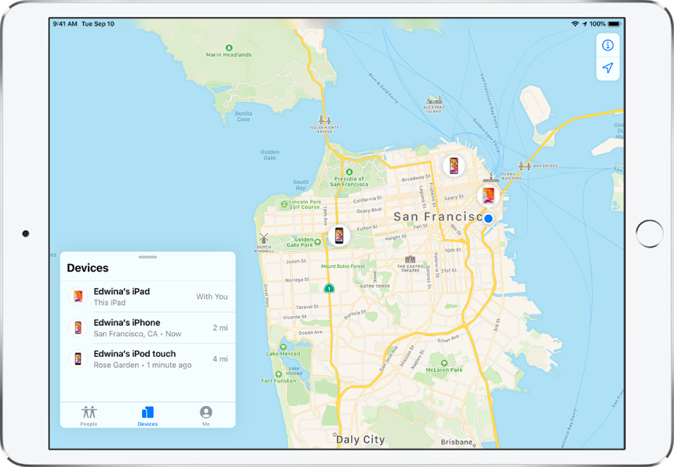 The Find My app open on an iPad. There are three devices in the Devices list: John’s iPhone, John’s iPod touch, and John’s iPad. Their locations are shown on a map of San Francisco.