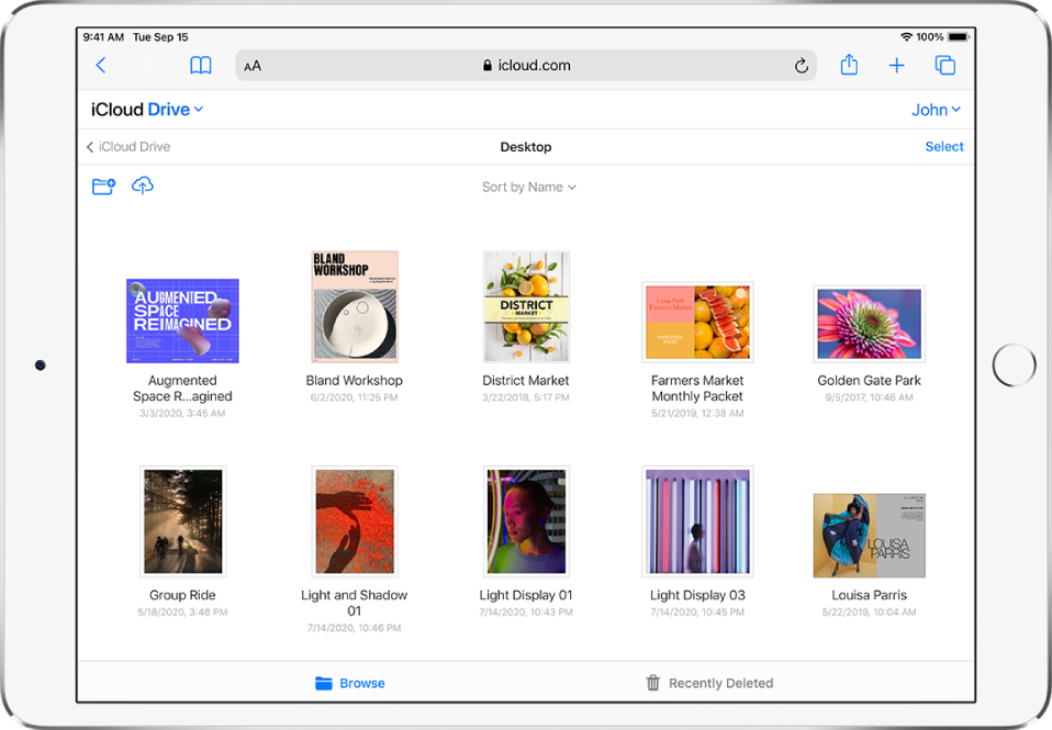 Ein iCloud Drive-Ordner „Schreibtisch“ enthält Fotos und Präsentationen.