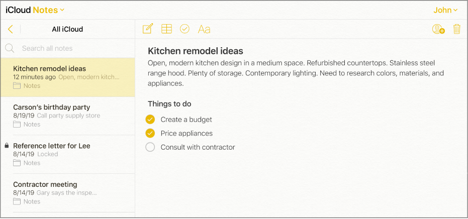 An iCloud note with the title “Kitchen remodel ideas”. It includes a checklist called “Things to do” with two items checked off.