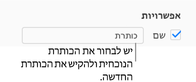 במקטע 'אפשרויות תרשים' של הסרגל הצדדי 'עיצוב', תיבת הסימון 'כותרת' נבחרה. שדה המלל מימין לתיבת הסימון מציג את כותרת התרשים של מציין המיקום, 'כותרת'.