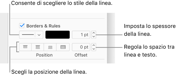 La casella di controllo Bordi e linee è selezionata nella barra laterale Formato e i controlli per cambiare lo stile, lo spessore, la posizione e il colore della linea vengono visualizzati sotto la casella di controllo.