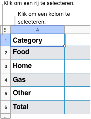 Een geselecteerde tabelrij met bijschriften voor de rij- en kolomselecties.