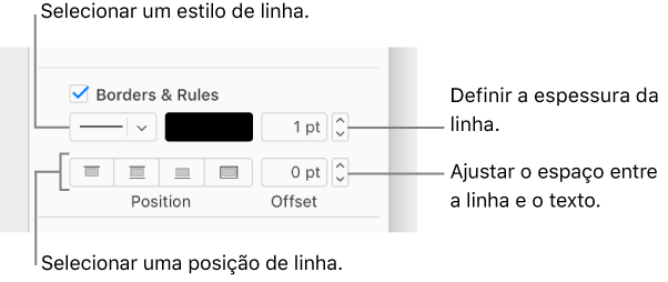 A opção assinalável Contornos e regras está selecionada na barra lateral Formatar, e os controlos para alterar o estilo, espessura, posição e cor da linha são apresentados por baixo da opção assinalável.