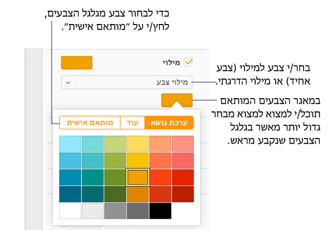 האפשרות 'מילוי צבע' נבחרה בתפריט הקופץ 'מילוי' ומאגר הצבעים מתחת לתפריט הקופץ מציג את האפשרויות הנוספות למילוי צבעים.
