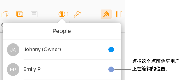 参与者列表，其中正在编辑文稿的人员姓名旁边带有圆点