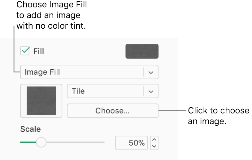 The Fill checkbox is selected in the sidebar, and Image Fill is chosen in the pop-up menu below the checkbox. Controls for choosing the image, how it fills the object, and the image’s scale, appear below the pop-up menu. A preview of the image appears in a square below the Image Fill pop-up menu after an image is chosen.
