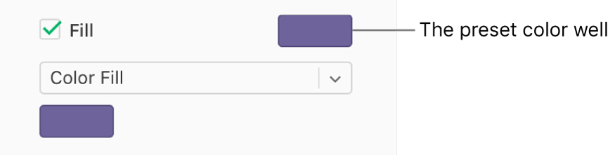 The Fill checkbox is selected in the sidebar, and the preset color well to the right of the checkbox is filled with purple. Below the checkbox, Color Fill is chosen in a pop-up menu, and below that, the custom color well is filled with purple.