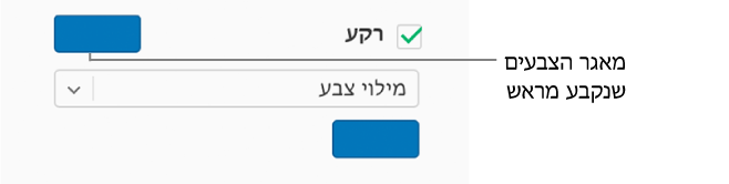 תיבת הסימון ״מילוי״ נבחרה בסרגל הצדדי ומאגר הצבעים שנקבע מראש מימין לתיבת הסימון מלא בצבע סגול. מתחת לתיבת הסימון, נבחרת האפשרות ״מילוי צבע״ בתפריט הקופץ ומתחת לאפשרות זו, מאגר הצבעים המותאם אישית מלא בצבע סגול.