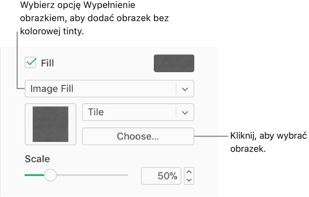 Na pasku bocznym jest zaznaczone pole wyboru Wypełnienie, a w menu podręcznym pod polem wyboru jest wybrana opcja Wypełnienie obrazkiem. Pod menu podręcznym są wyświetlane opcje umożliwiające wybranie obrazka, sposobu wypełniania obiektu oraz skali obrazka. Po wybraniu obrazka w kwadracie pod menu podręcznym Wypełnienie obrazkiem pojawia się podgląd obrazka.