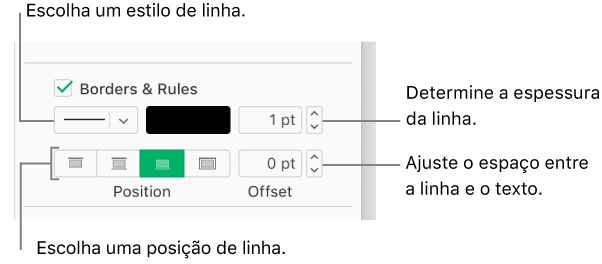 A caixa de seleção Bordas e regras está marcada na barra lateral Formato, e os controles para alterar o estilo, espessura, posição e cor da linha aparecem abaixo da caixa de seleção.