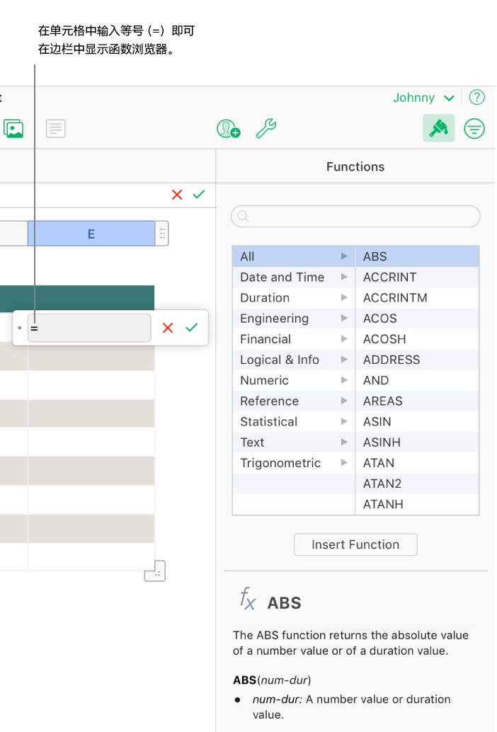 公式编辑器显示在包含等号的单元格上，边栏中的函数浏览器则显示了可用的函数。边栏中的函数下方会显示所选函数的描述。