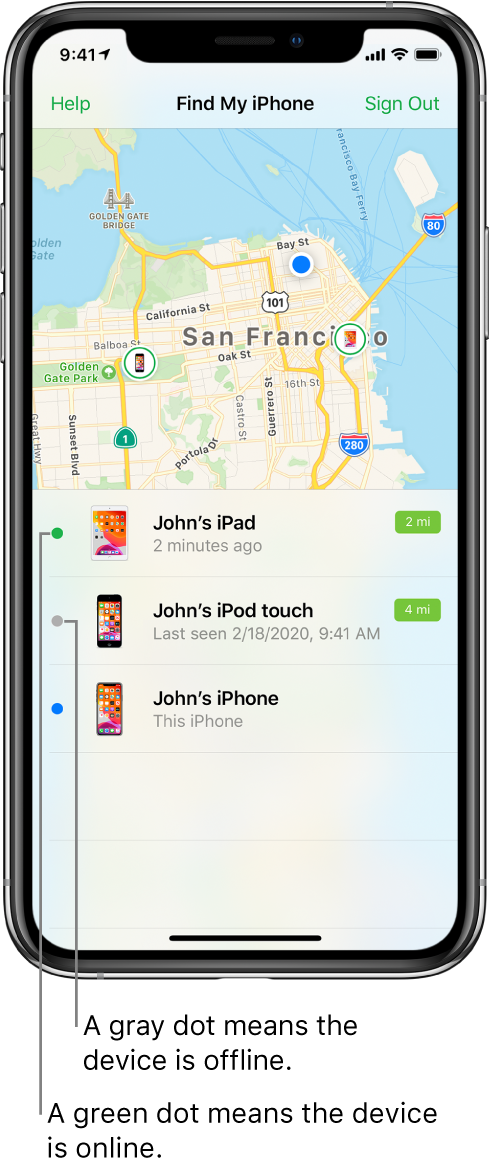 Appen Find min iPhone, der er åben på en iPhone. Tre enheders lokalitet vises på et kort over San Francisco. Johns iPad er angivet med en grøn prik, fordi den er online. Johns iPod touch er angivet med en grå prik, fordi den er offline. Johns iPhone deler hans nuværende lokalitet.