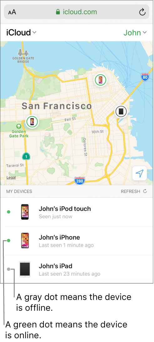 Find min iPhone på iCloud.com åbner i Safari på en iPhone. Tre enheders lokalitet vises på et kort over San Francisco. Johns iPhone og Johns iPod touch er online, hvilket er angivet med grønne prikker. Johns iPad er offline, hvilket er angivet med en grå prik.