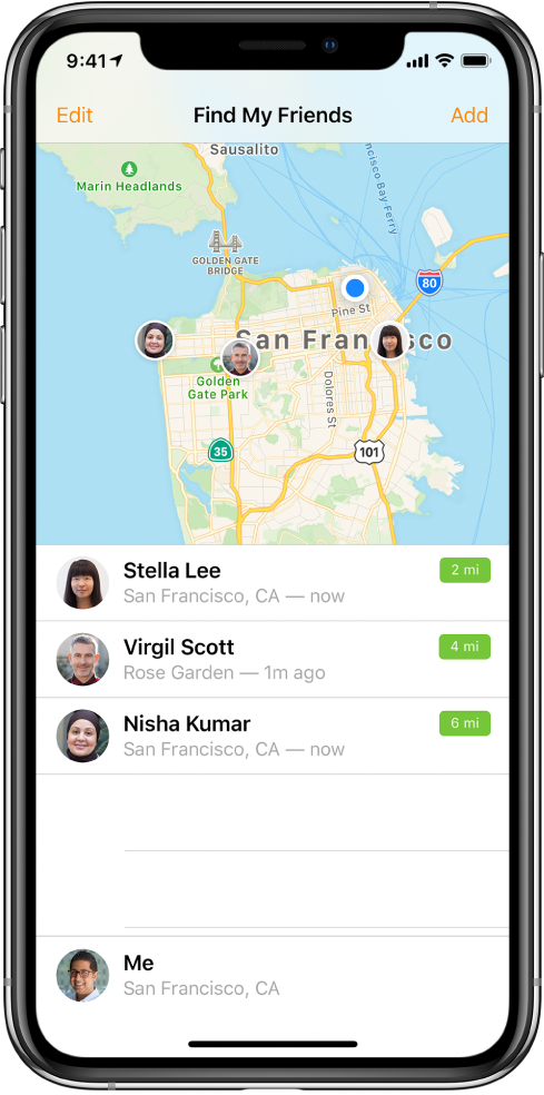Die App „Freunde suchen“ auf einem iPhone geöffnet. Die Standorte von drei Freunden werden auf einer Karte von San Francisco angezeigt: Stella Lee, Virgil Scott und Nisha Kumar.