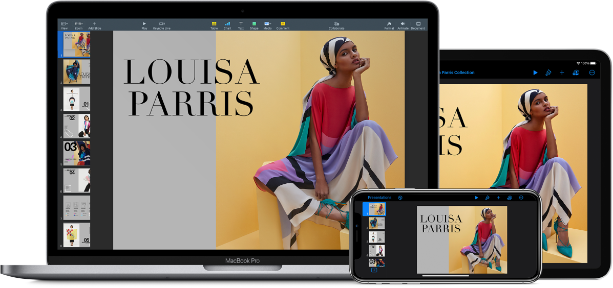La même présentation Keynote s’affiche dans une fenêtre d’éditeur sur un iPhone, un iPad et un Mac.
