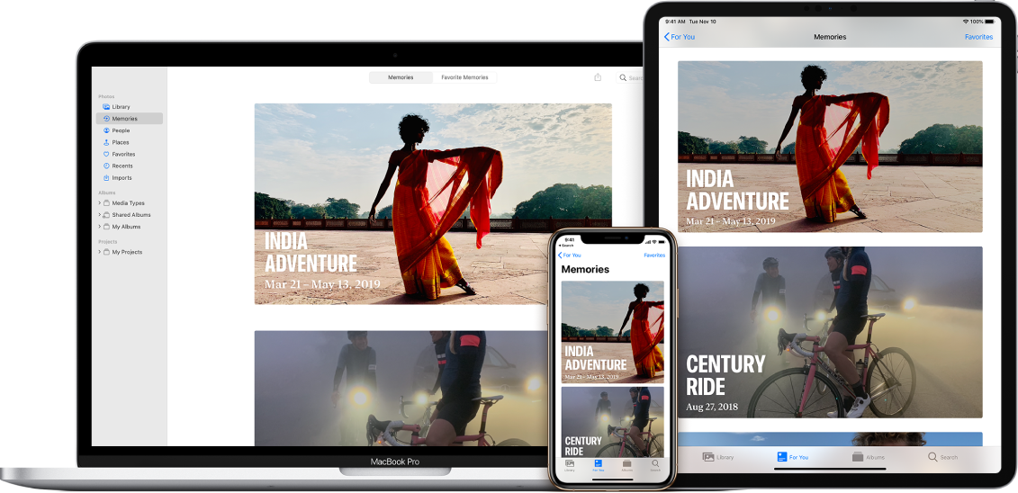 App Photos ouverte sur un iPhone, un iPad et un Mac. Deux collections identiques apparaissent dans Souvenirs : « India Adventure » (Excursion en Inde) et « Century Ride » (Marathon cycliste).