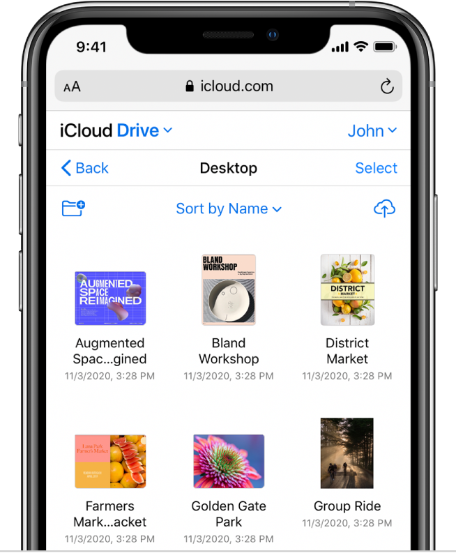 Un dossier iCloud Drive appelé « Desktop » contient des photos et présentations.