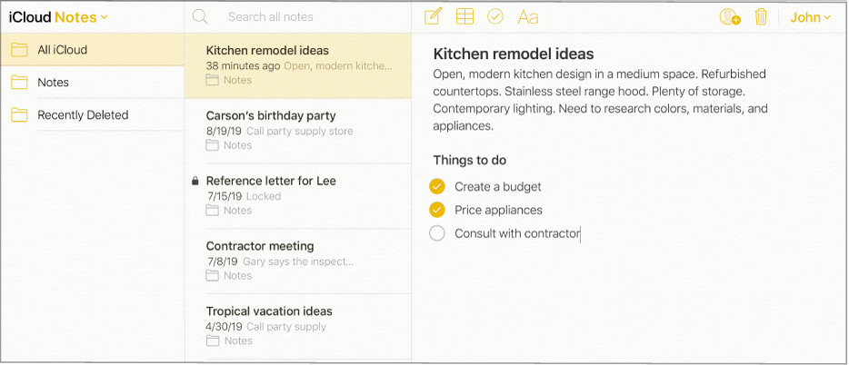 Nota iCloud dengan tajuk “Idea model semula dapur”. Fail itu merangkumi senarai semak yang dipanggil “Perkara untuk dilakukan” dengan dua item yang ditandakan.