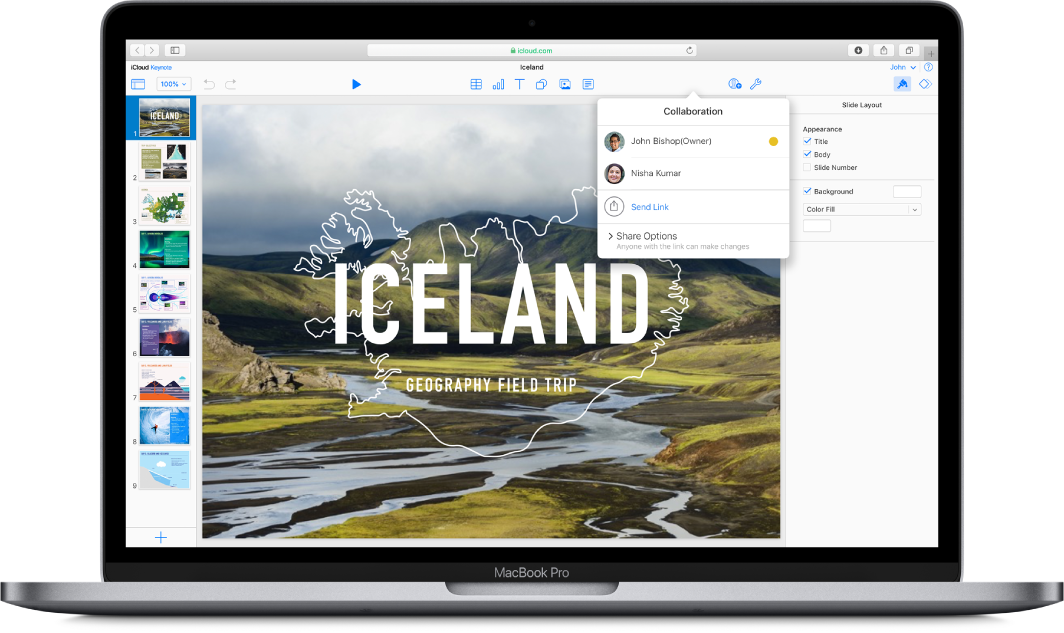 Pembentangan Keynote yang dipanggil “Iceland: Lawatan Lapangan Geografi” dipaparkan di iCloud.com. Tetingkap timbul Kerjasama dibuka, yang menunjukkan bahawa pembentangan itu dikongsi oleh dua orang.