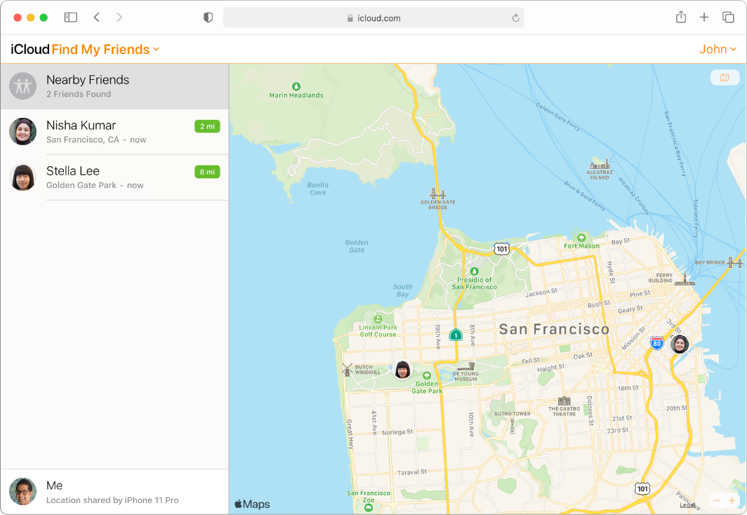 „Freunde suchen“ auf iCloud.com, in Safari auf einem Mac geöffnet. Es werden die Standorte von zwei Freunden auf einer Karte von San Francisco angezeigt: Nisha Kumar und Stella Lee.