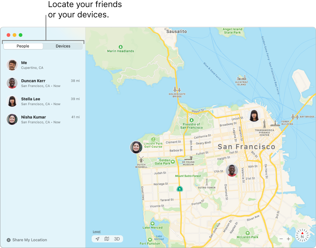 You can locate your friends or devices by clicking the People or Devices tabs. The People tab is selected and you see a map of San Francisco with the locations of three friends: Virgil Scott, Stella Lee, and Nisha Kumar.