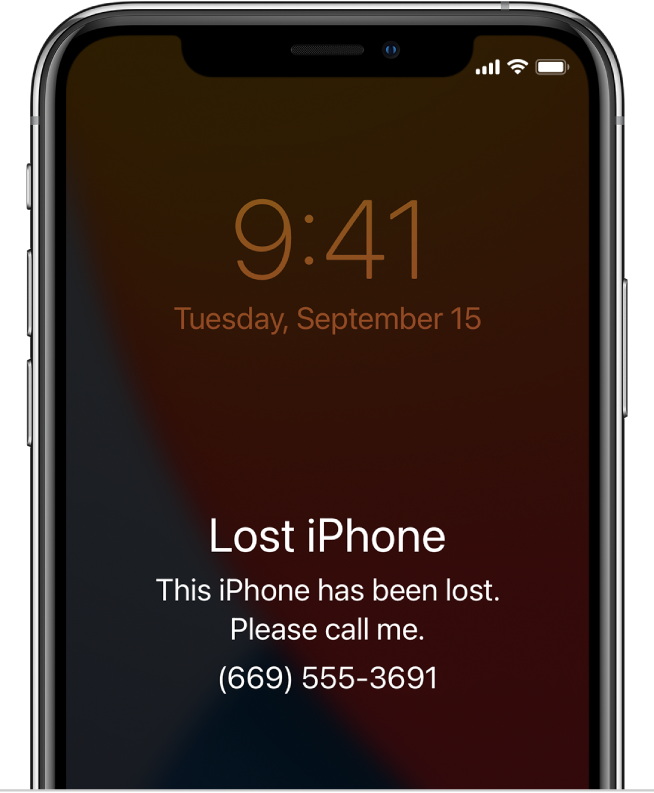 An iPhone Lock screen with the message: “Lost iPhone. This iPhone has been lost. Please call me. (669) 555-3691.”