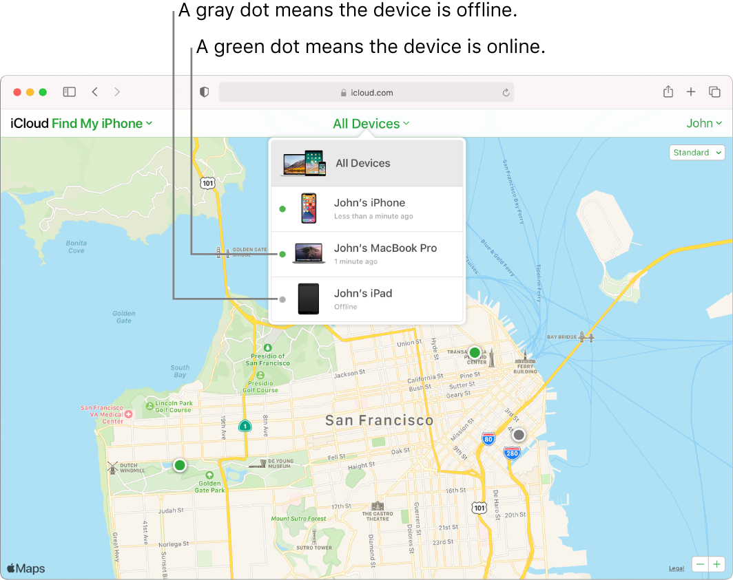 Finn iPhone på iCloud.com åpen i Safari på en Mac. Posisjonene til tre enheter vises på et kart over San Francisco. Johns iPhone og Johns iPod touch er online og markert med grønne prikker. Johns iPad er ikke tilkoblet og merket med en grå prikk.