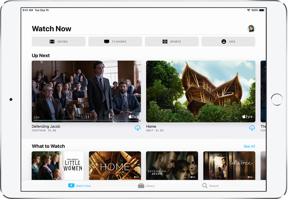 The Watch Now screen showing buttons for Movies, TV Shows, Sports, and Kids in the top row. The Up Next row is in the center, above the What to Watch row. At the bottom, from left to right, are the Watch Now, Library, and Search tabs.