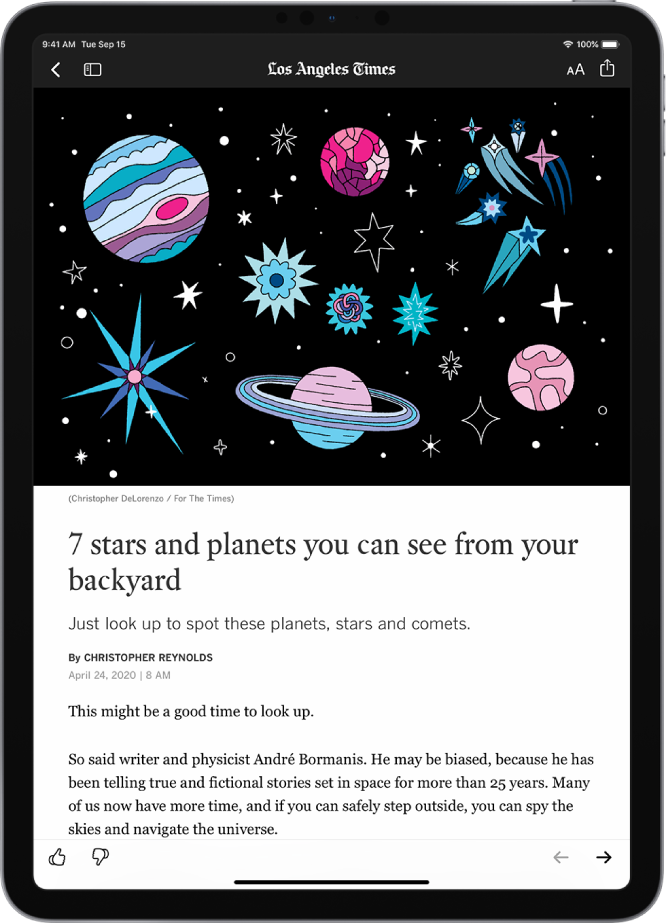 A News story. At the top left are the Previous and Sidebar buttons. The name of the publication appears at the top middle. The Resize Text and Share buttons are at the top right. A large image takes up the top half of the screen. Below the image are the story headline, byline, story date, and the story’s first two paragraphs. At the bottom left are the Suggest More and Suggest Less buttons. At the bottom right are the Previous and Next buttons.