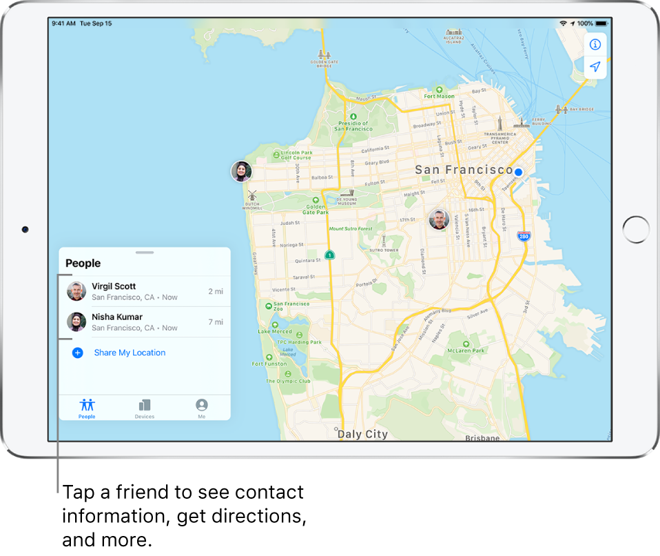 The Find My screen open to the People tab. There are two friends in the People list: Virgil Scott and Nisha Kumar. Their locations are shown on a map of San Francisco.