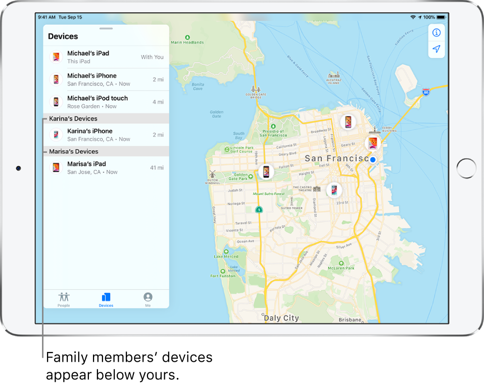 The Find My app open to the Devices tab. Michael’s devices are at the top of the list. Below are Karina’s iPhone and Marisa’s iPad. Their locations are shown on a map of San Francisco.