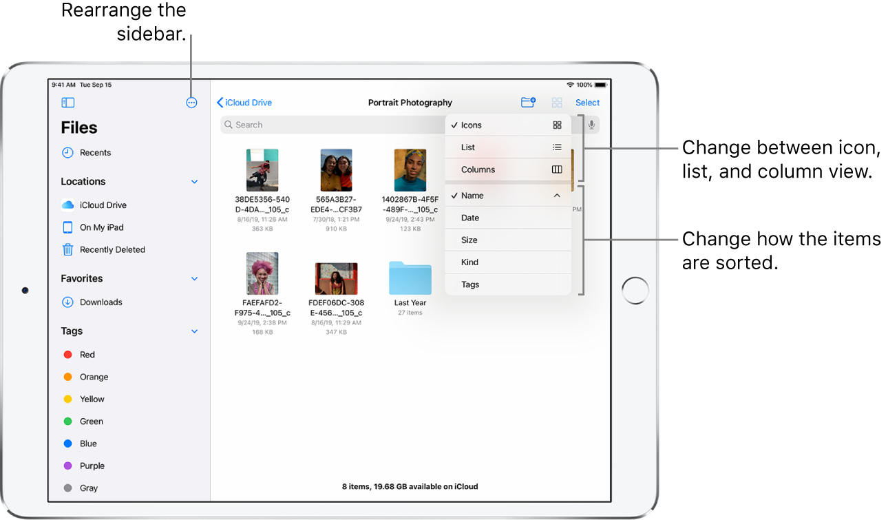 An iCloud Drive location showing buttons to rearrange the sidebar, to sort according to Name, Date, Size, and Tags, and to change between list and icon view.