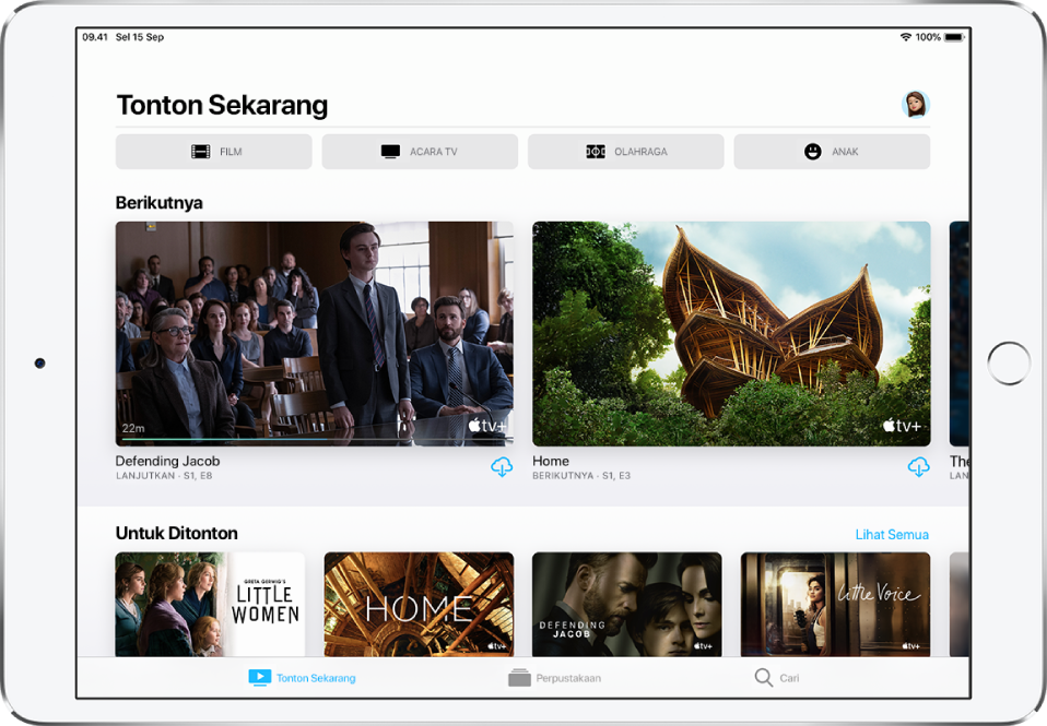 Layar Tonton Sekarang menampilkan tombol untuk Film, Acara TV, Olahraga, dan Anak di baris atas. Baris Berikutnya ada di tengah, di atas baris Untuk Ditonton. Di bagian bawah, dari kiri ke kanan, terdapat tab Tonton Sekarang, Perpustakaan, dan Cari.