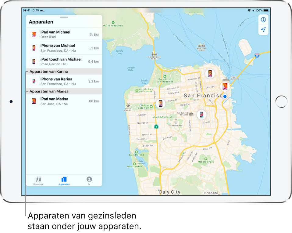Het Zoek mijn-scherm waarin het tabblad 'Apparaten' is geopend. Boven aan de lijst staan Michaels apparaten. Onderaan staan de iPhone van Karina en de iPad van Marisa. Hun locaties worden op een kaart van San Francisco weergegeven.