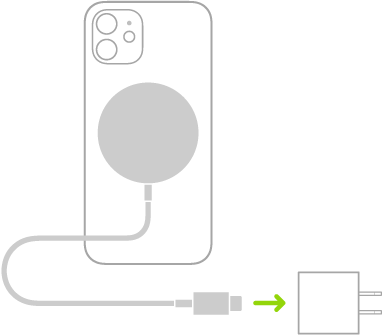 Илюстрация, показваща единия край на зарядното устройство MagSafe Charger, прикрепен към гърба на iPhone и другия край, който е свързан към захранващ адаптер.