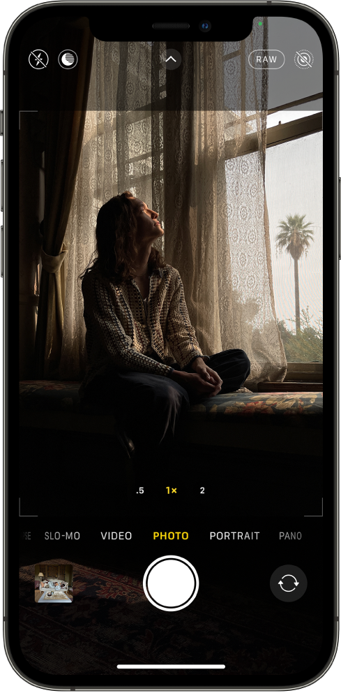 Екранът на Camera (Камера) в режим Photo (Снимка). Бутоните за светкавицата и за Нощен режим се появяват в долния ляв ъгъл на екрана. Бутонът Flash (Светкавица) и бутонът Night mode (Нощен режим) са изключени. Бутонът Camera Controls (Управление на камерата) е горе в средата, а бутоните ProRAW и Live Photo са горе вдясно. Бутонът ProRAW е включен и бутонът Live Photo е изключен. В долния край на екрана са, от ляво надясно бутонът Photo and Video Viewer (Преглед на снимка и видео), бутонът Take Picture (Снимане) и бутонът Camera Chooser Back-Facing (Избор на обърната назад камера).