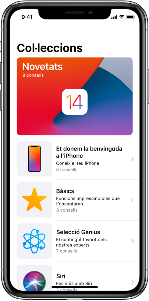 Pantalla que mostra col·leccions de consells amb fletxes cap a la dreta que indiquen que pots tocar una col·lecció per veure els consells que conté.