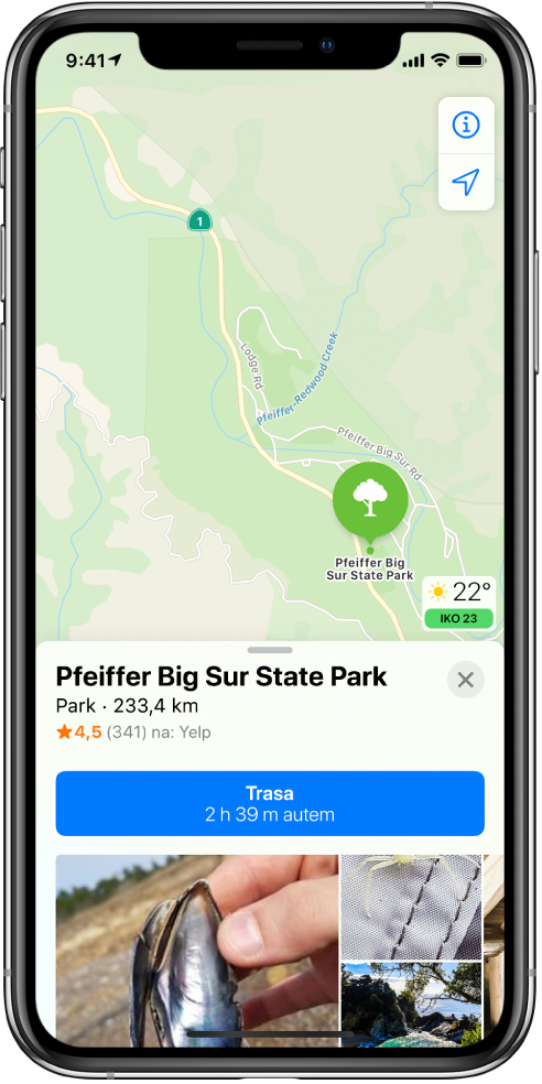 Mapa místa, kde se nachází park. Na informační kartě dole na displeji je vidět tlačítko pro naplánování trasy.