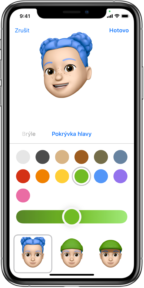Obrazovka pro vytváření memoji, na níž je nahoře vidět vznikající obličej, pod ním seznam přizpůsobitelných prvků a ještě níž volby pro vybraný prvek. Vpravo nahoře se nachází tlačítko Hotovo a vlevo nahoře tlačítko Zrušit.